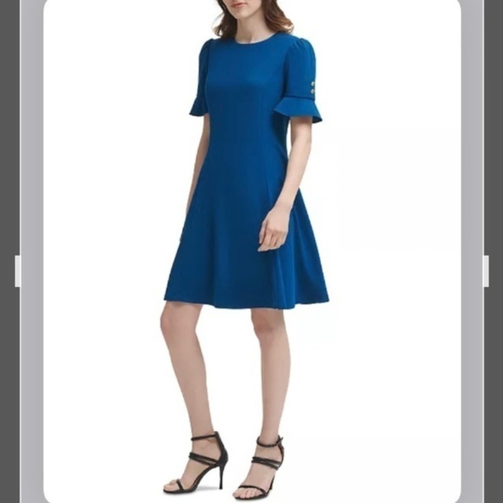DKNY Button Sleeve Flounce Fit & Flare Dress in Blue Size 4 - Picture 3 of 14